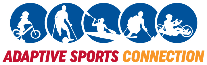 Logo featuring five blue circular icons, each displaying a white silhouette of a person engaged in various adaptive sports activities such as cycling, skiing, kayaking, running, and handcycling. Below the icons, the text 'ADAPTIVE SPORTS CONNECTION' is written, with 'ADAPTIVE SPORTS' in red and 'CONNECTION' in orange.