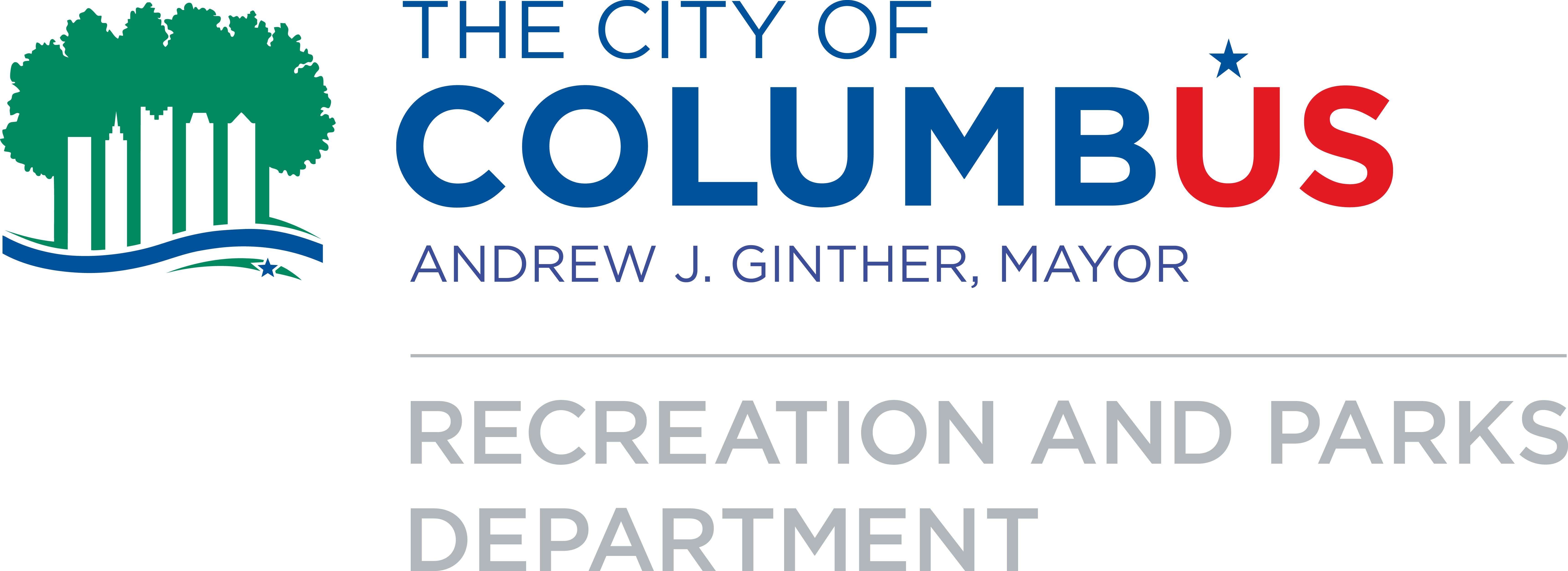 A logo for the City of Columbus parks and recreation department. A grove of trees appears on the upper left of the logo with the word Columbus appearing in blue and red. The mayors name, Andrew J Ginther appears beneath the word Columbus