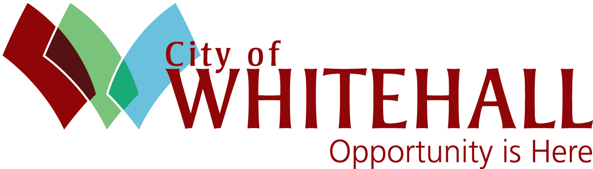 A logo for the City of Whitehall. Stylized colored rectangles form the letter "W" on the left side of the screen with the phrase "Opportunity is Here" along the bottom